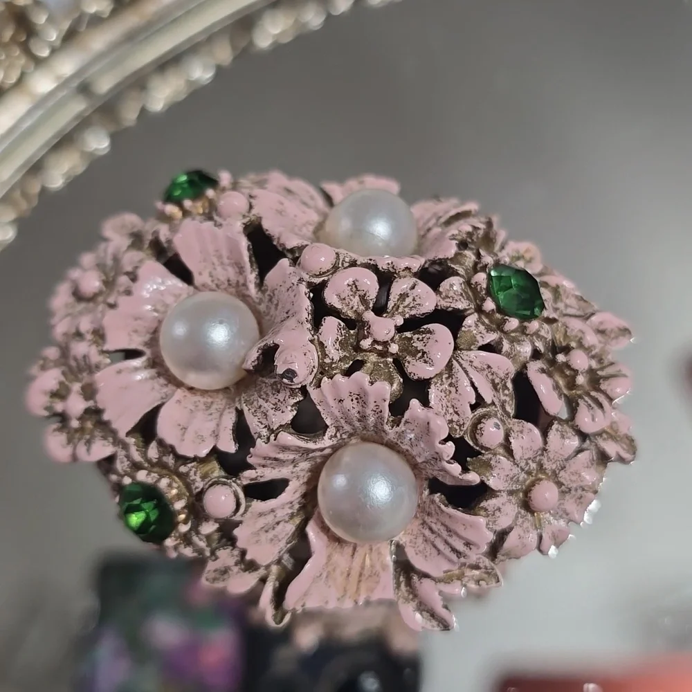 Vintage Florenza Pink Jeweled Floral Basket Trinket Box
